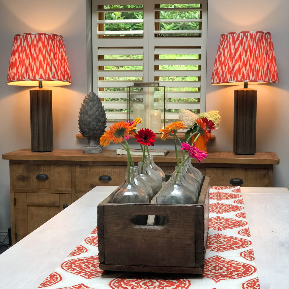 Table runner and decoration with co-ordinating fabric lamp shades